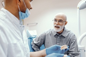 Dentist and male patient discussing implant denture procedure